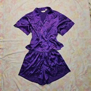 Vintage Victoria's Secret Purple Pajama Set, Satin Button Down & Shorts